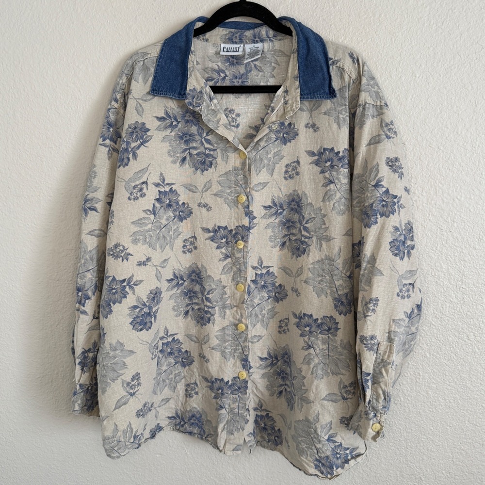 Vintage Womens 2X Cottage Coastal Floral Linen Blend Feminine Top Rustic Boho